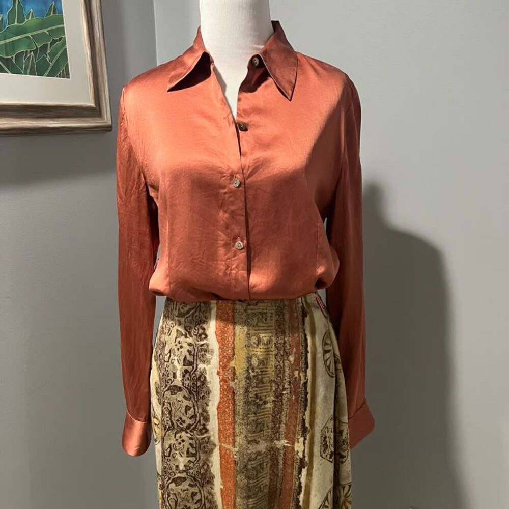Caslon Rust Copper Pointed Collar Silk Long Sleeve Button-Down Blouse Top Medium - Picture 9 of 12